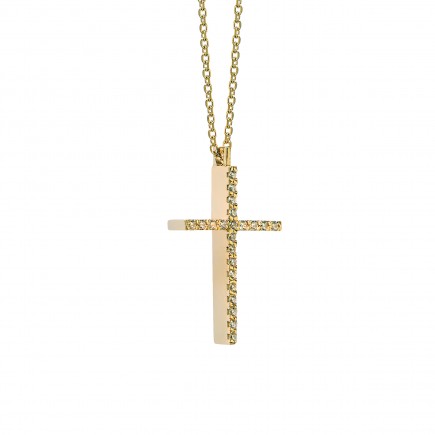 Χρυσός σταυρός με αλυσίδα Κ14 με ζιργκόν πέτρες.