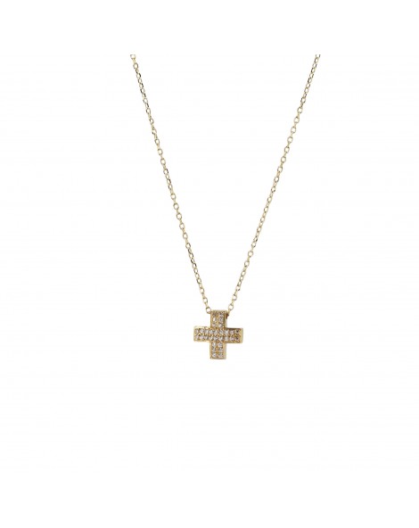 Necklace of gold K14 cross with zircon stones.