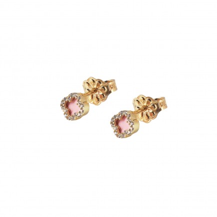 Σκουλαρίκια από χρυσό Κ14 με ροζ πέτρα στο κέντρο και ζιργκόν πέτρες.