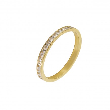 Δαχτυλίδι βεράκι από χρυσό Κ14 με τετράγωνες μπαγιέτες πέτρες ζιργκόν.