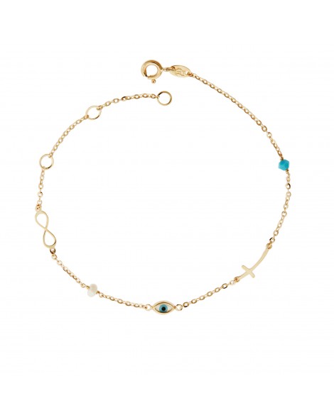 Βραχιόλι από χρυσό Κ14 με ματάκι, σταυρό, άπειρο, συνθετικό μαργαριτάρι και ημιπολύτιμη γαλάζια πέτρα.