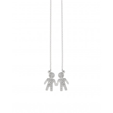 Necklace of white gold K14 with zircon stones forming two boys.