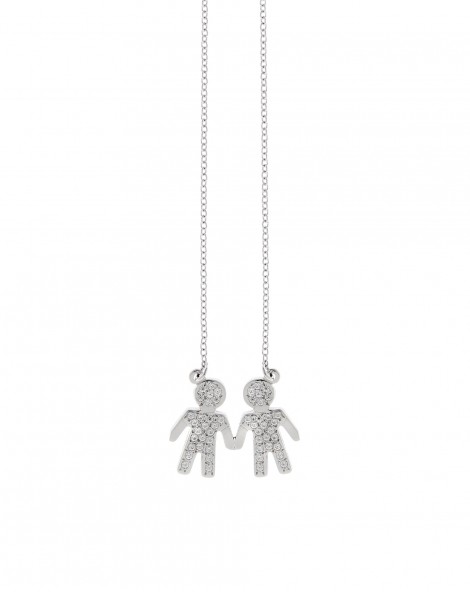 Necklace of white gold K14 with zircon stones forming two boys.