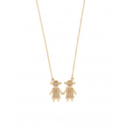 Νecklace of gold K14 decorated with zircon stones forming two girls.