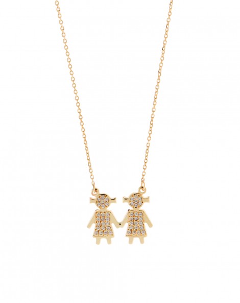 Νecklace of gold K14 decorated with zircon stones forming two girls.