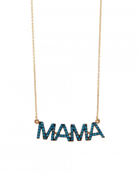 Necklace of gold "MAMA" K14 with blue zircon stones.