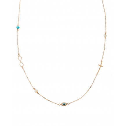 Necklace gold K14 with eye, cross , the symbol of infinity and semi-precious stones.
