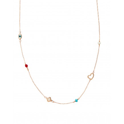 Necklace gold Κ14 with evil eye, heart and semi-precious stones.
