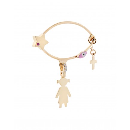Παιδική παραμάνα από χρυσό Κ14 με κοριτσάκι, ροζ ματάκι, αστέρι, σταυρό διακοσμημένη με ζιργκόν.