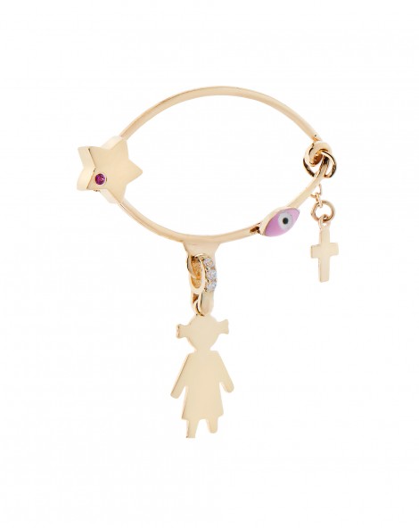 Παιδική παραμάνα από χρυσό Κ14 με κοριτσάκι, ροζ ματάκι, αστέρι, σταυρό διακοσμημένη με ζιργκόν.