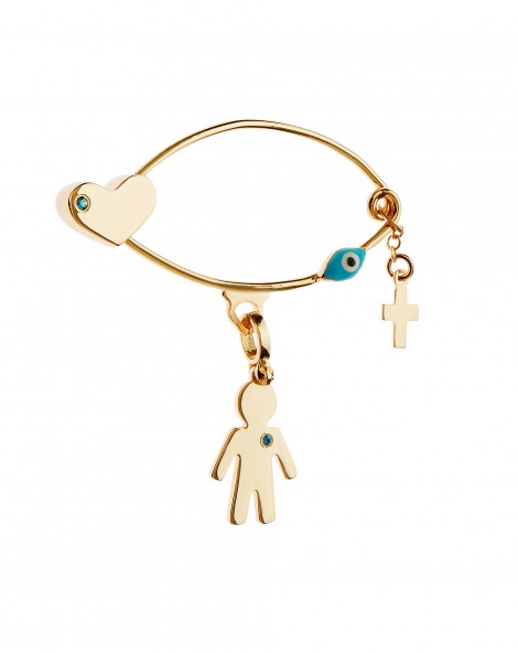 Baby Pin of gold K14 with little boy decorated with zircon, heart and evil eye.