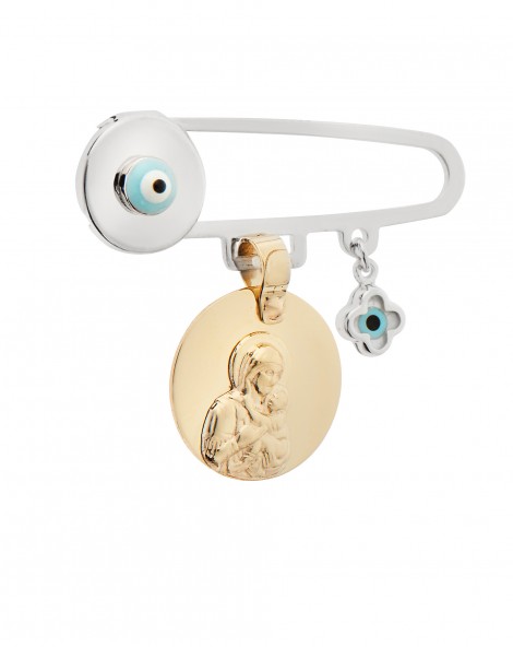 Baby Pin of white gold and gold religious pendant K14 with evil eyes.