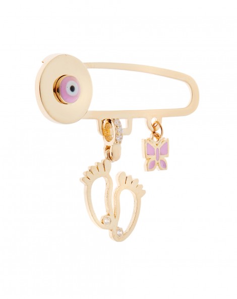 Baby Pin of gold K14 with baby feet, pink evil eye and butterfly decorated with zircon.