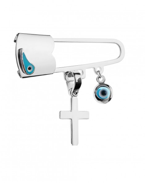 Baby Pin of white gold Κ14 with two evil eyes and cross.