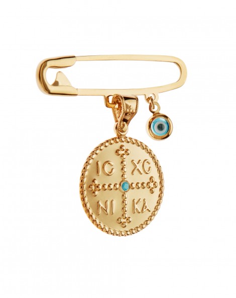 Baby pin of gold 14 with "Konstantinato" motif and evil eye.