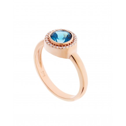 Δαχτυλίδι από ροζ χρυσό Κ14 με μπλε ορυκτή πέτρα london blue topaz και ζιργκόν.