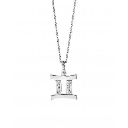 "Gemini" zodiac sign white gold necklace K14 with zircon stones.