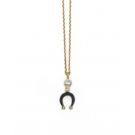 Necklace of gold K14 small horseshoe with black enamel and zircon stones.