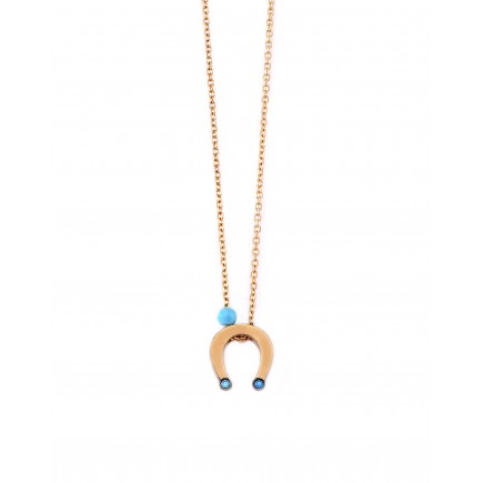 Necklace of pink gold K14 horseshoe decorated with blue zircon stones.