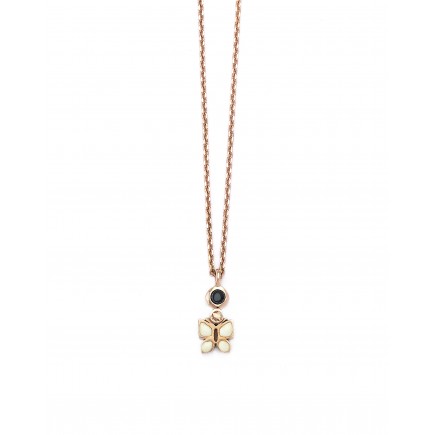 Necklace of pink gold K14 butterfly with white enamel decorated with zircon.