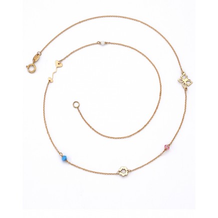 Necklace of gold K14 decorated with butterfly, heart, flower and semi-precious stones.